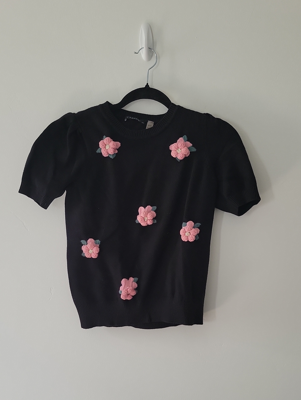 T Tahari Black Short-Sleeve Sweater with Pink Floral Appliqués